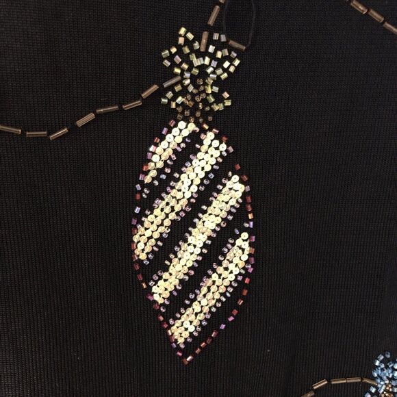 Black Slinky Knit Beaded Shirt Christmas Balls Ornaments Long Sleeve Size Medium - Picture 10 of 16